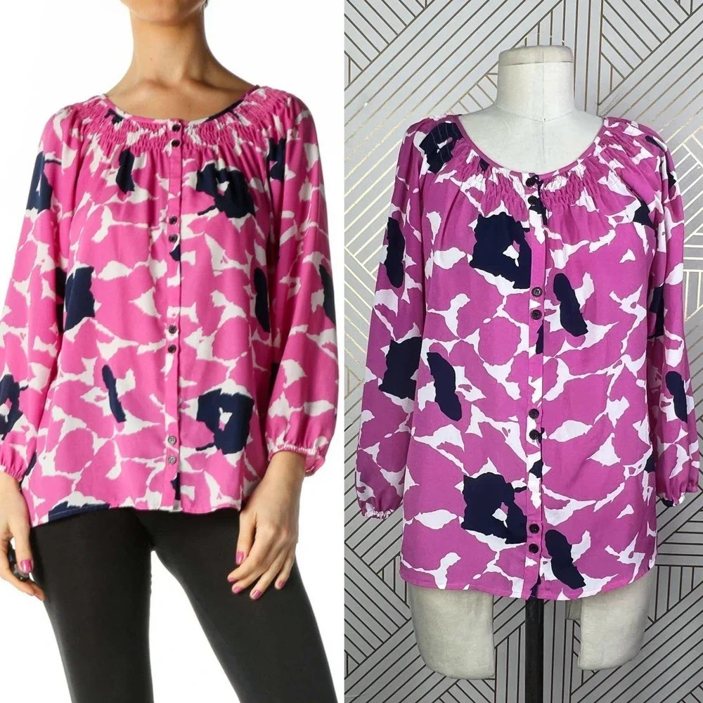 Yumi Kim Isi Fuschia Petal Smocked Button Front Printed Blouse Print Size US‎ XS